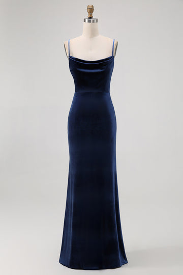Dark Blue Spaghetti Straps Mermaid Bridesmaid Dress